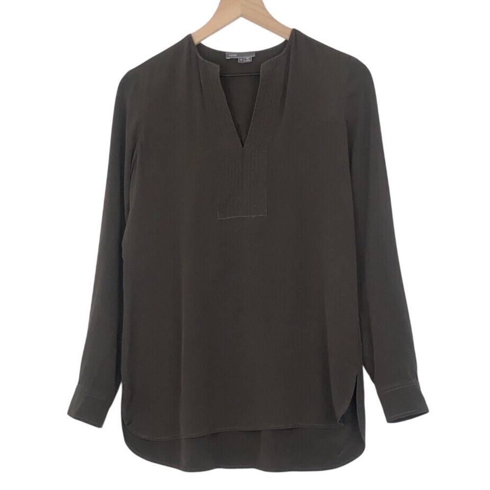 VINCE 100% Silk Tunic Top Women's 4 Brown Long Sleeve Pullover Split Neck Luxury
